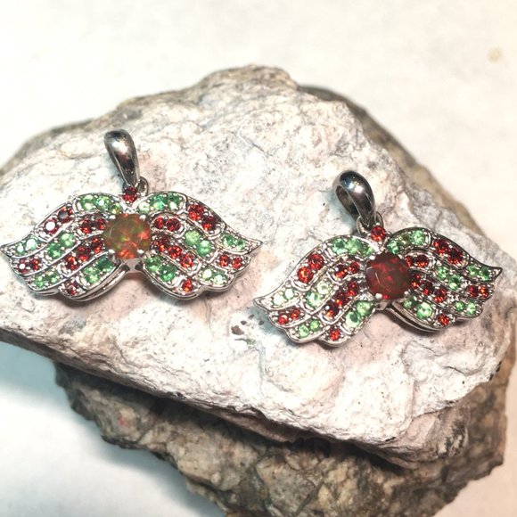 .925 Silver Opal, Tsavorite & Red Garnet Wings Pendant Angel Natural - Picture 1 of 16